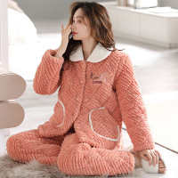 女士三层加厚珊瑚绒夹棉睡衣秋冬季法兰牛奶绒保暖棉袄家居服套装
