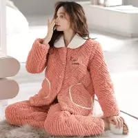 女士三层加厚珊瑚绒夹棉睡衣秋冬季法兰牛奶绒保暖棉袄家居服套装