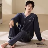 新款睡衣男士秋冬季法兰绒青少年V领开衫保暖男可外穿家居服套装