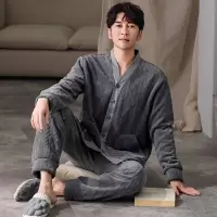 珊瑚绒睡衣男士秋冬季加厚加绒开衫V领纯色休闲保暖法兰绒家居服