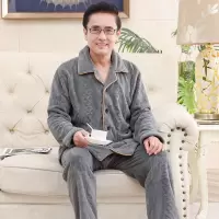 珊瑚绒睡衣男款秋冬季加绒加厚中老年人爸爸法兰绒男士家居服套装