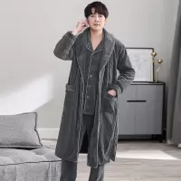 男士睡衣三件套秋冬款加厚加绒开衫翻领套装加大码加肥法兰绒睡袍