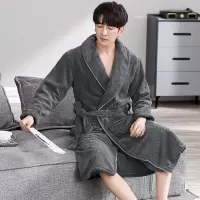 男士睡袍睡衣加绒加厚冬季珊瑚绒保暖浴袍男秋冬长款法兰绒家居服