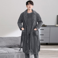 睡袍男冬季法兰绒三件套睡衣浴袍春秋冬款加绒加厚长袍晨袍可外穿