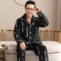 冬季睡衣男士开衫长袖夹层条纹三层加厚保暖大码夹棉袄珊瑚绒睡衣