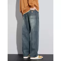 秋季美式男士牛仔裤新款春秋季复古宽松无弹水洗阔腿休闲裤子