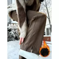 人字纹毛呢加绒裤子女新款秋冬季羊毛裤小个子直筒窄版阔腿裤