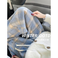 加绒休闲格子裤女新款冬季裤子加厚窄版直筒小个子毛呢阔腿裤