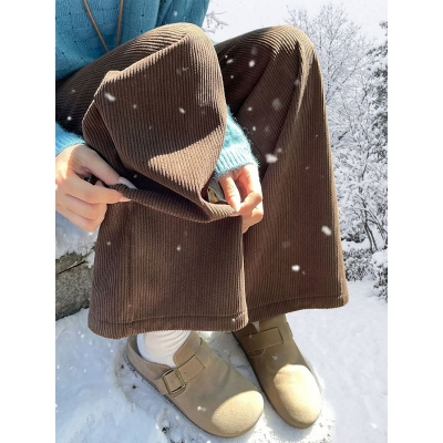 加绒加厚阔腿裤女新款秋冬慵懒小个子窄版直筒灯芯绒咖色裤子