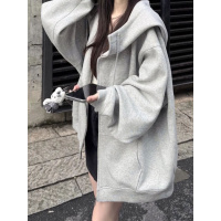 加绒卫衣女新款秋冬季灰色连帽外套大码宽松加厚慵懒美式上衣