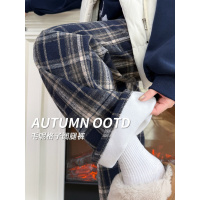 加绒格子裤女秋冬季新款休闲慵懒窄版直筒小个子毛呢阔腿裤子