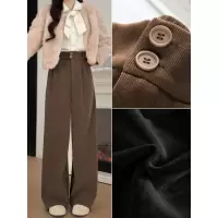 咖色加绒西装裤女秋冬季加厚灯芯绒裤子垂感直筒小个子棕色阔腿裤