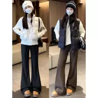 咖色羊毛微喇裤子女秋冬加绒加厚高腰修身显瘦瑜伽裤垂感运动卫裤