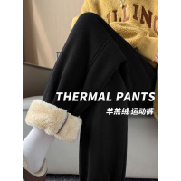 加绒卫裤女运动裤子冬加厚新款羊羔绒保暖棉裤黑色束脚防风裤