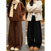 加绒棕色裤女冬新款小个子加厚灯芯绒宽松休闲镰刀阔腿裤