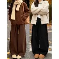 加绒棕色裤女冬新款小个子加厚灯芯绒宽松休闲镰刀阔腿裤