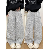 加绒裤子女秋冬季加厚保暖棉裤外穿慵懒条纹毛呢羊羔绒阔腿裤