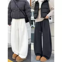 加绒镰刀运动裤子女款新款白色加厚卫裤胖mm宽松阔腿长裤