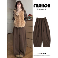咖色灯芯绒裤女秋冬季新款加绒宽松大码梨形报恩阔腿裤子