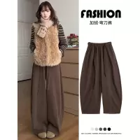 咖色灯芯绒裤女秋冬季新款加绒宽松大码梨形报恩阔腿裤子