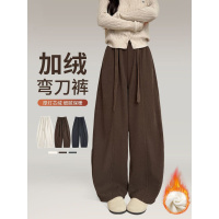 棕色灯芯绒裤子女新款秋冬加绒针织雪尼尔休闲宽松阔腿裤_182_389