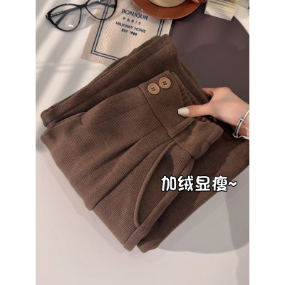 棕色灯芯绒西装裤女新款高级感垂感冬季小个子直筒加绒阔腿裤
