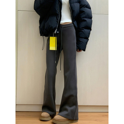 深灰色微喇休闲裤女款秋冬加绒胖妹妹mm高腰弹力显瘦运动卫裤