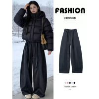 灰色加绒裤女新款秋冬季加厚灯芯绒裤子小个子慵懒阔腿裤