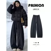 灰色加绒裤女新款秋冬季加厚灯芯绒裤子小个子慵懒阔腿裤