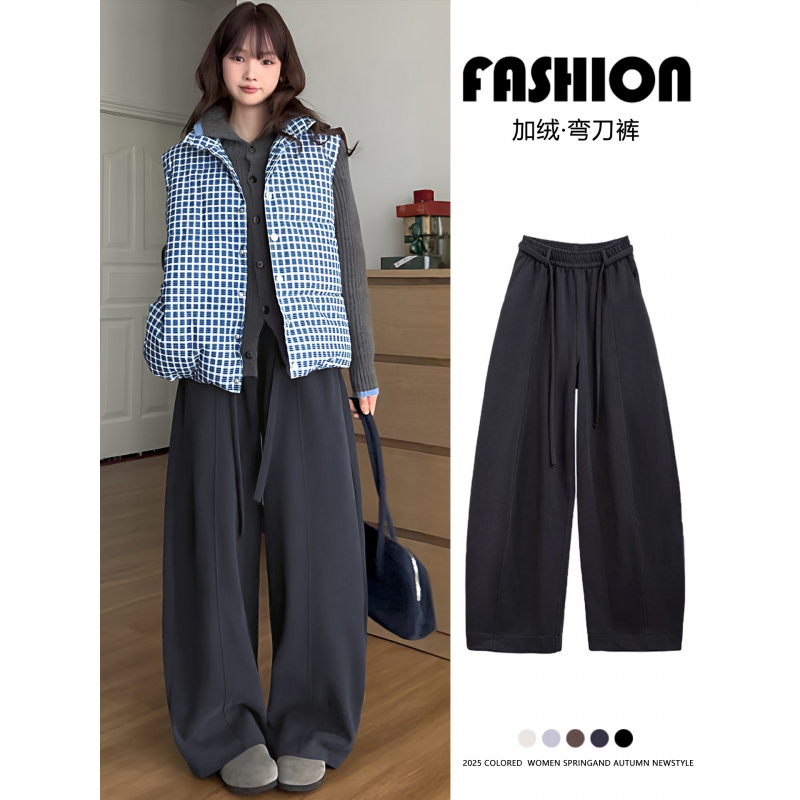 灰色加绒裤女秋冬新款休闲运动卫裤小个子灯芯绒阔腿裤子_469_535