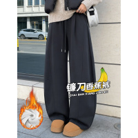 灰色加绒阔腿裤女秋冬加厚羊羔绒棉裤新款胖mm大码显瘦裤