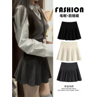 灰色毛呢百褶裙女秋冬季新款高腰a字半身裙小个子羊毛jk短裙