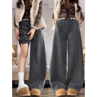 灰色毛呢裤女秋冬季加绒新款雪尼尔休闲小个子窄版阔腿裤