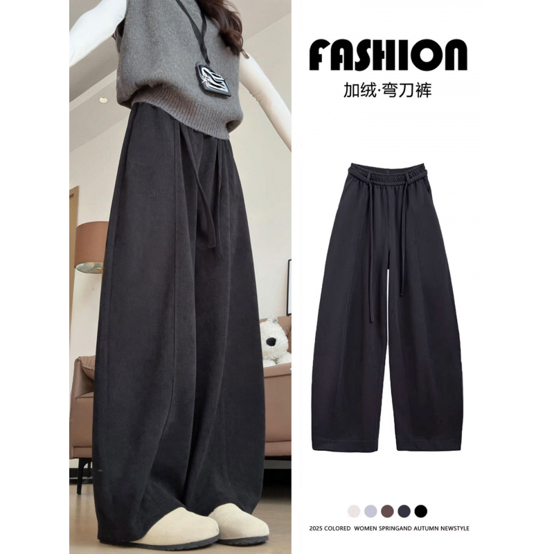 灰色灯芯绒裤女新款秋冬加绒慵懒风休闲显瘦直筒阔腿裤子