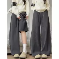 灰色灯芯绒裤子女秋冬新款加绒加厚小个子休闲宽松阔腿裤