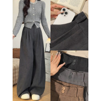 灰色灯芯绒西装裤女新款秋冬季小个子高腰垂感加厚直筒阔腿裤