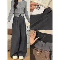 灰色灯芯绒西装裤女新款秋冬季小个子高腰垂感加厚直筒阔腿裤