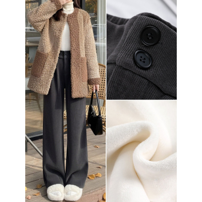 灰色灯芯绒阔腿裤子女新款秋冬季加绒高腰垂感窄版直筒西装裤