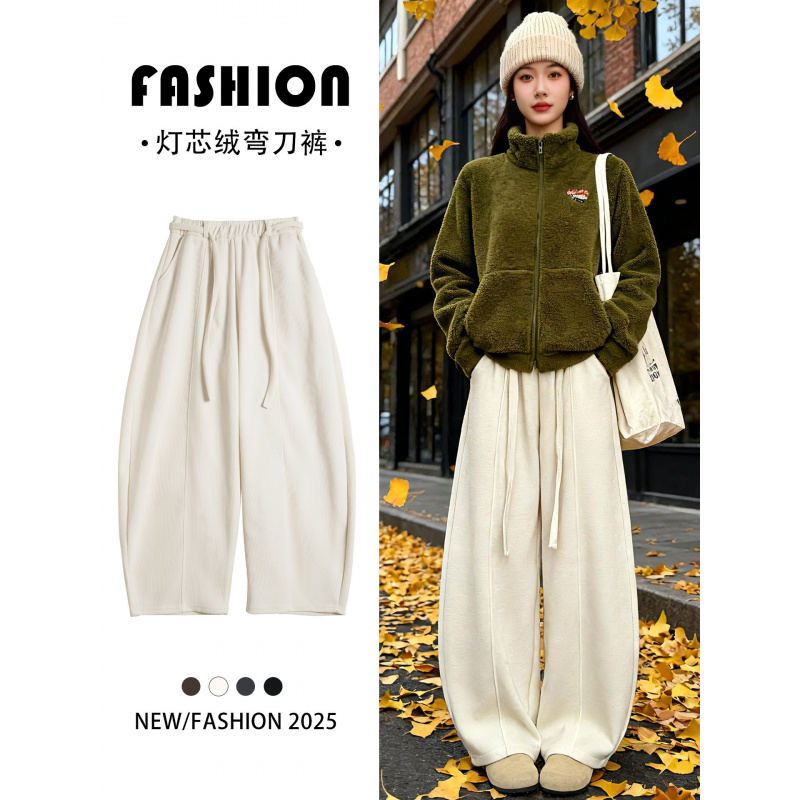 白色灯芯绒裤子女新款冬季加绒加厚小个子休闲慵懒阔腿裤_156_612