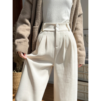 白色灯芯绒阔腿裤子女秋冬季新款加绒西装裤小个子加厚直筒裤