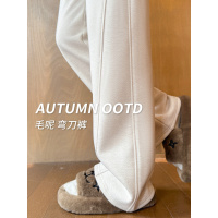 白色羊毛呢阔腿裤女秋冬季加绒新款窄版直筒小个子卫裤子_218_453