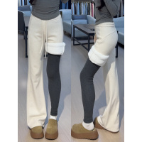 白色羊毛糯米裤子女冬新款加绒加厚休闲垂感小个子毛呢微喇裤