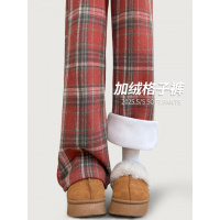 红色加绒格子裤子女秋冬加厚宽松慵懒风小个子毛呢窄版直筒阔腿裤