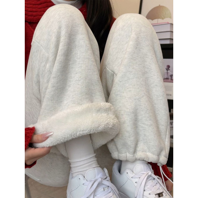 羊羔绒加绒运动裤女秋冬季加厚棉裤外穿束脚卫裤宽松小个子阔腿裤