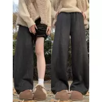 羊羔绒黑色毛呢卫裤女冬新款加绒保暖棉裤胖mm大码加厚阔腿裤