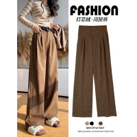 美拉德咖色灯芯绒阔腿裤子新款秋冬季垂感窄版直筒加绒西装裤