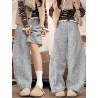 雪尼尔阔腿裤女新款秋冬季白色加绒加厚小个子直筒毛呢裤