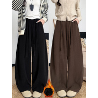 黑色加绒裤子冬装女加厚灯芯绒裤小个子高腰显瘦休闲阔腿长裤