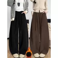 黑色加绒裤子冬装女加厚灯芯绒裤小个子高腰显瘦休闲阔腿长裤