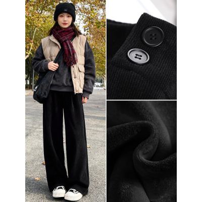 黑色加绒裤子女新款冬加厚灯芯绒西装裤雪尼尔棉裤直筒阔腿裤